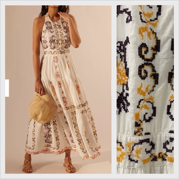 Anthropologie Dresses & Skirts - Anthropologie Embroidered Halter Tiered Maxi Dress Boho Feminine Womens Size 10